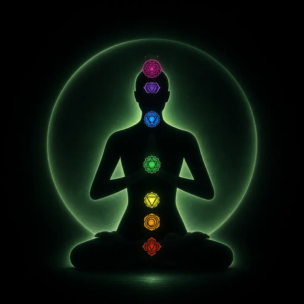 Djinn Fizz meditation figure with seven chakra symbols